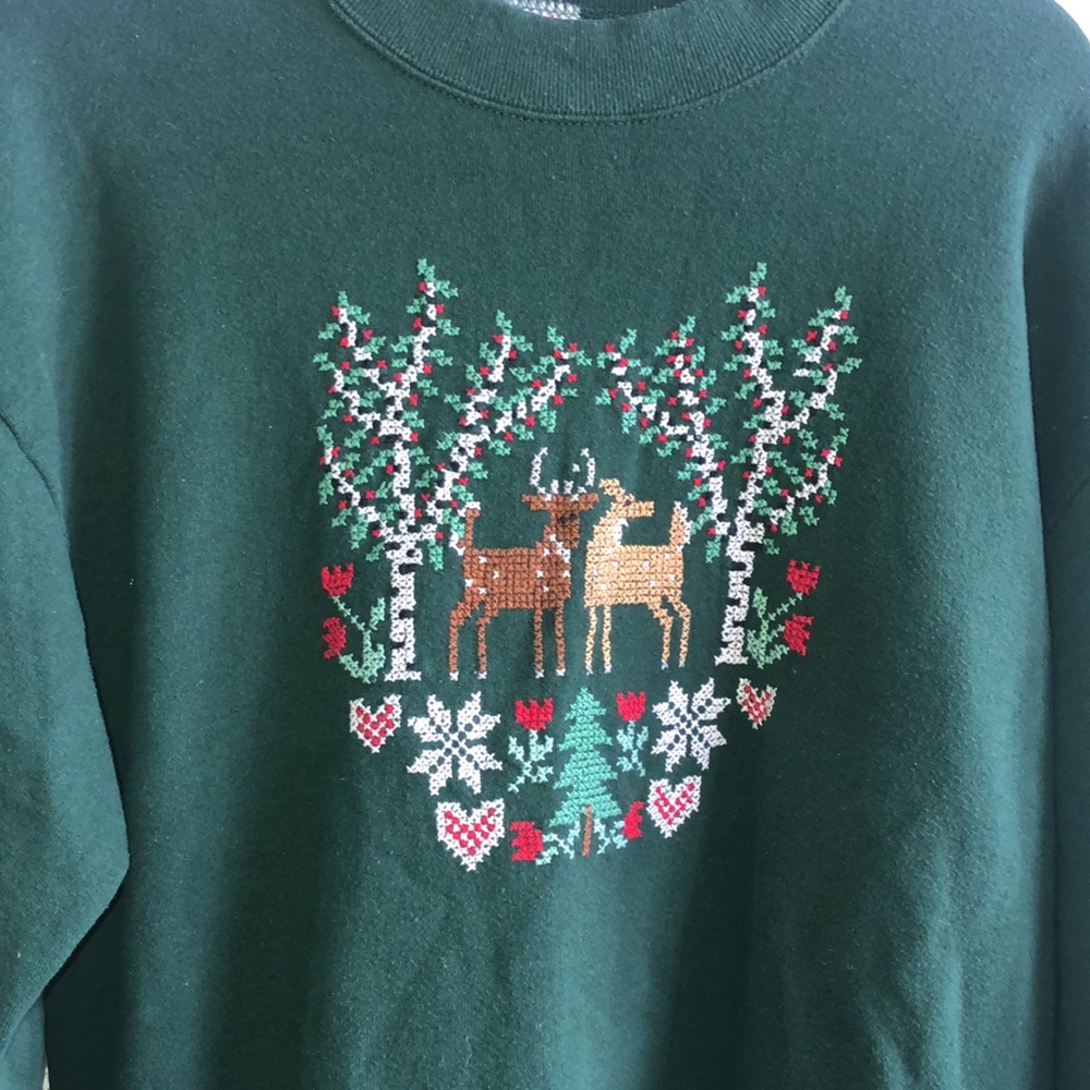 Jerzees Hand Embroidered Vintage Crew Neck Holiday Pullover Sweatshirt Large - Picture 3 of 10